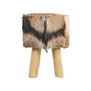 HSM Collection-Vierkante Kruk Geitenhuid-33x33x45-Assortie/Naturel-Geitenhuid/Teak -