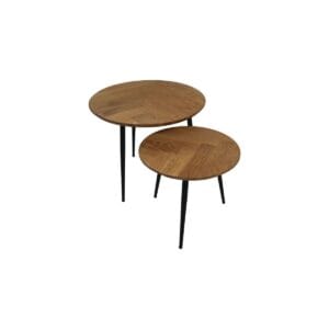 Table basse en arête de poisson - ø60/ø45 - Naturel/Noir - Chêne/métal - Lot de 2 -